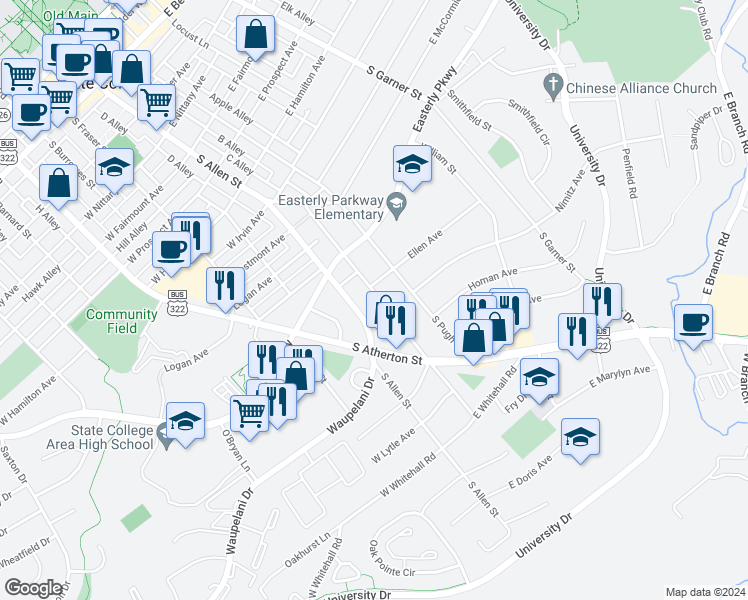 map of restaurants, bars, coffee shops, grocery stores, and more near 1200 Old Boalsburg Road in State College