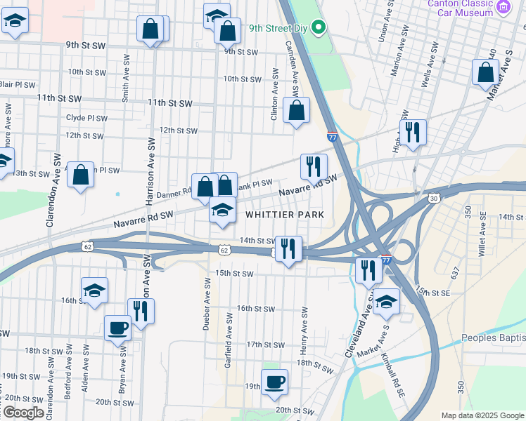 map of restaurants, bars, coffee shops, grocery stores, and more near 1338 Scoville Avenue Southwest in Canton