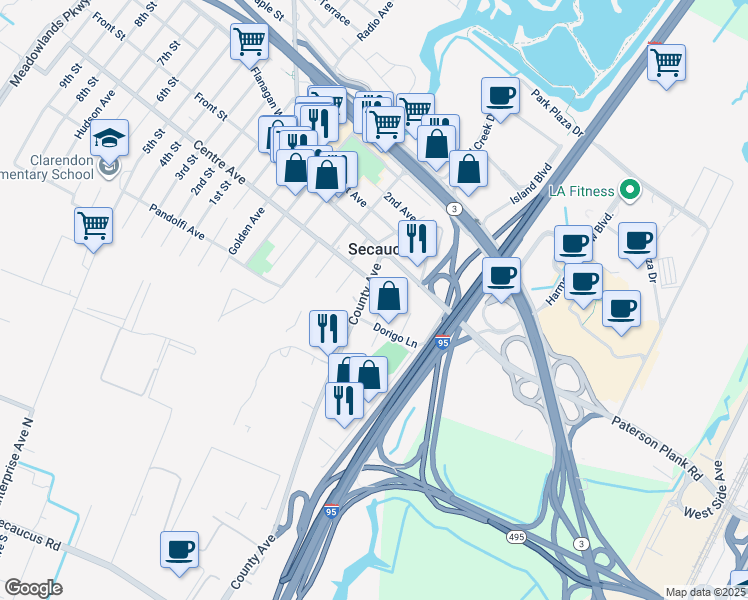 map of restaurants, bars, coffee shops, grocery stores, and more near 734 County Avenue in Secaucus