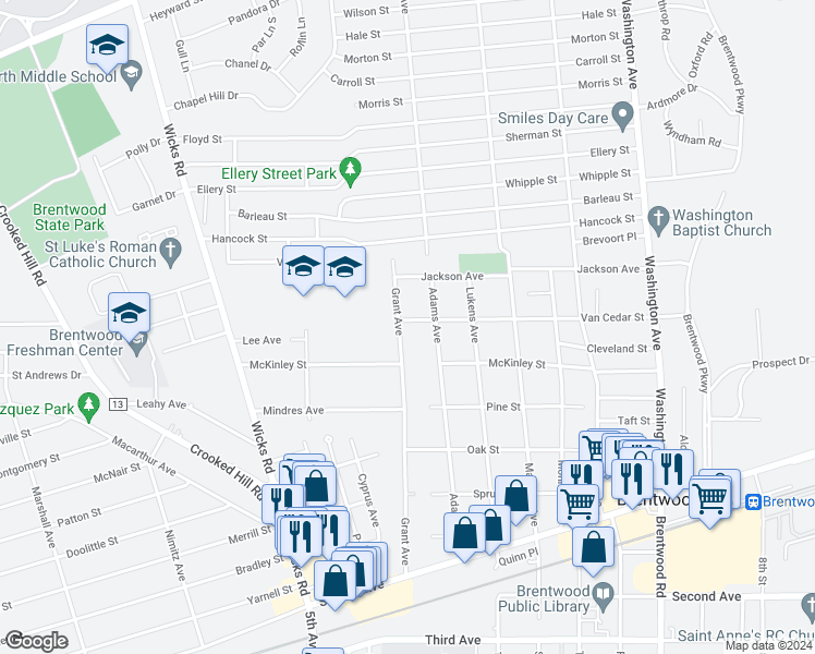 map of restaurants, bars, coffee shops, grocery stores, and more near 85 Grant Avenue in Brentwood