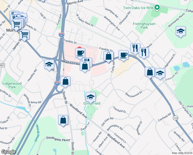map of restaurants, bars, coffee shops, grocery stores, and more near 8 Dorado Drive in Morristown