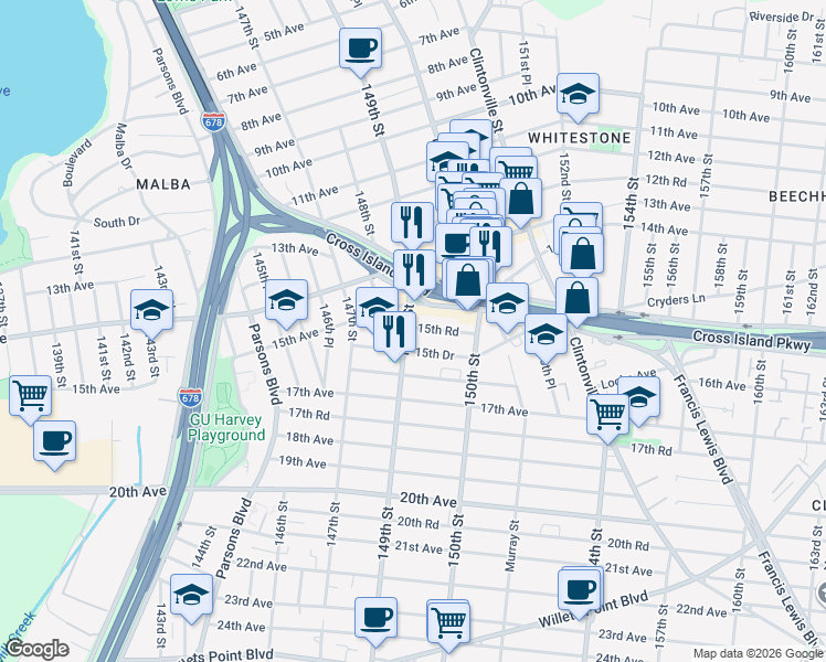 map of restaurants, bars, coffee shops, grocery stores, and more near 15-16 149th Street in Queens
