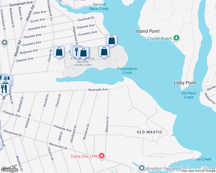 map of restaurants, bars, coffee shops, grocery stores, and more near 15 Riverside Avenue in Mastic Beach