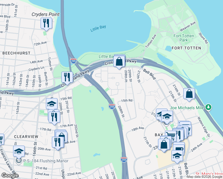 map of restaurants, bars, coffee shops, grocery stores, and more near 207-01 Estates Drive in Queens