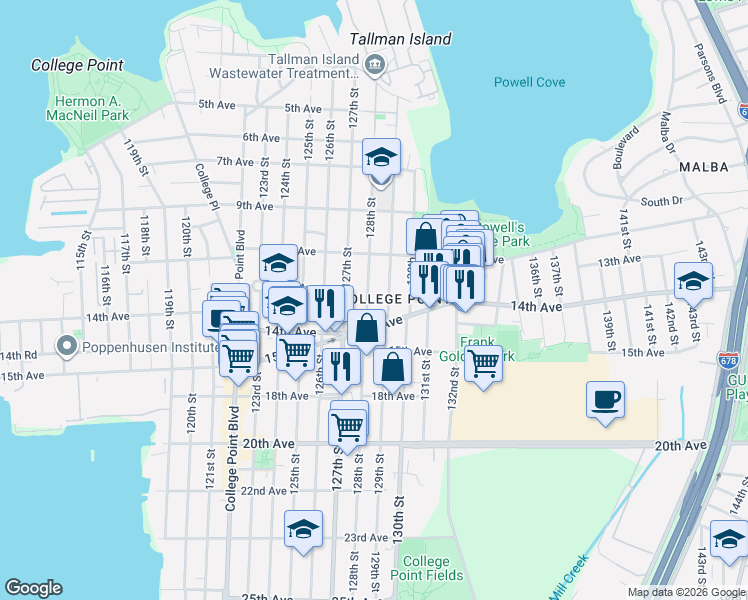 map of restaurants, bars, coffee shops, grocery stores, and more near 11-44 128th Street in Queens
