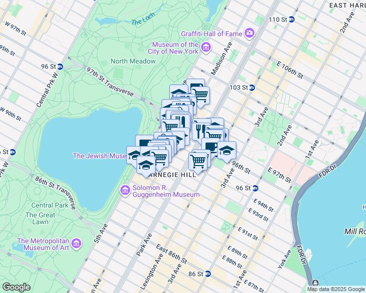 map of restaurants, bars, coffee shops, grocery stores, and more near 59 East 95th Street in New York