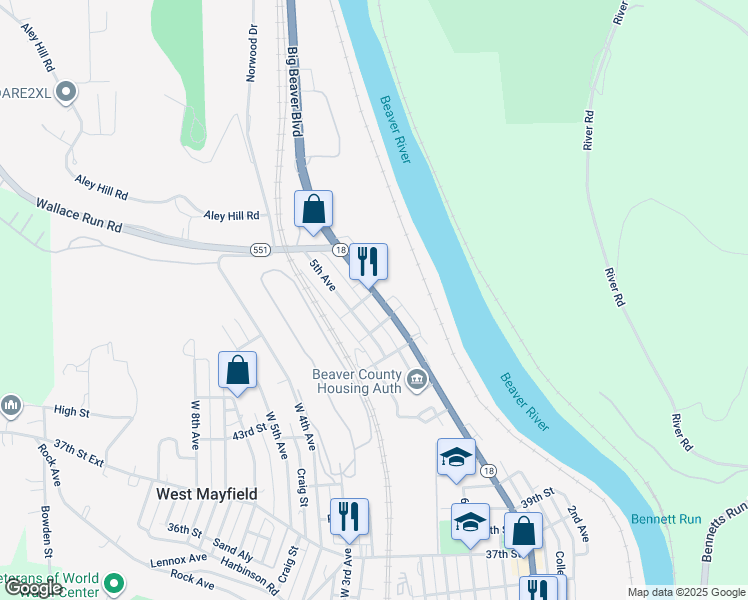 map of restaurants, bars, coffee shops, grocery stores, and more near 4617 Pennsylvania 18 in Beaver Falls