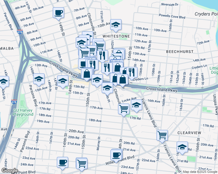 map of restaurants, bars, coffee shops, grocery stores, and more near 150-80 Cross Island Parkway in Queens