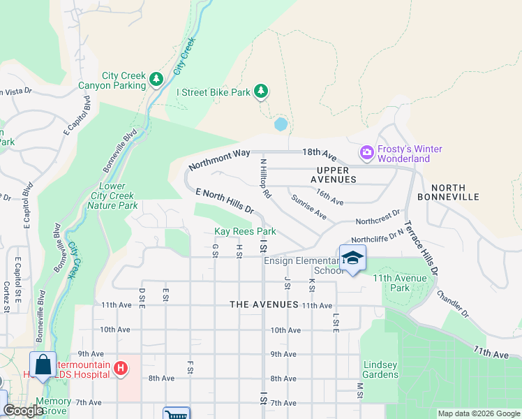map of restaurants, bars, coffee shops, grocery stores, and more near 585 East North Hills Drive in Salt Lake City