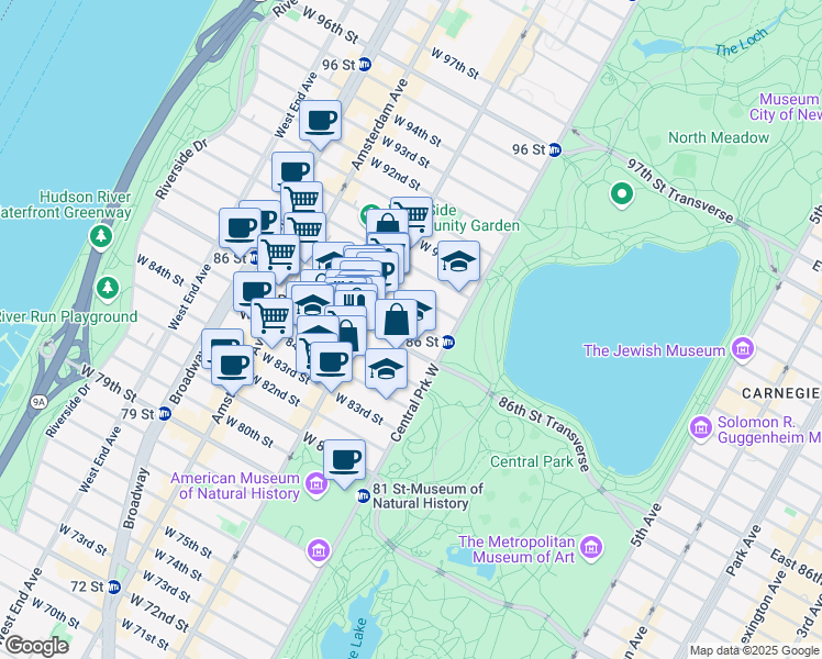 map of restaurants, bars, coffee shops, grocery stores, and more near 32 West 87th Street in New York