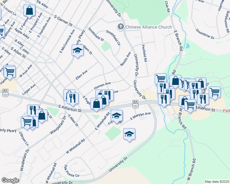 map of restaurants, bars, coffee shops, grocery stores, and more near 316 Bradley Avenue in State College