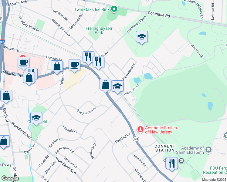 map of restaurants, bars, coffee shops, grocery stores, and more near 3 Langdon Lane in Morristown