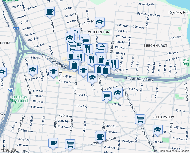 map of restaurants, bars, coffee shops, grocery stores, and more near 150-80 Cross Island Parkway in Queens