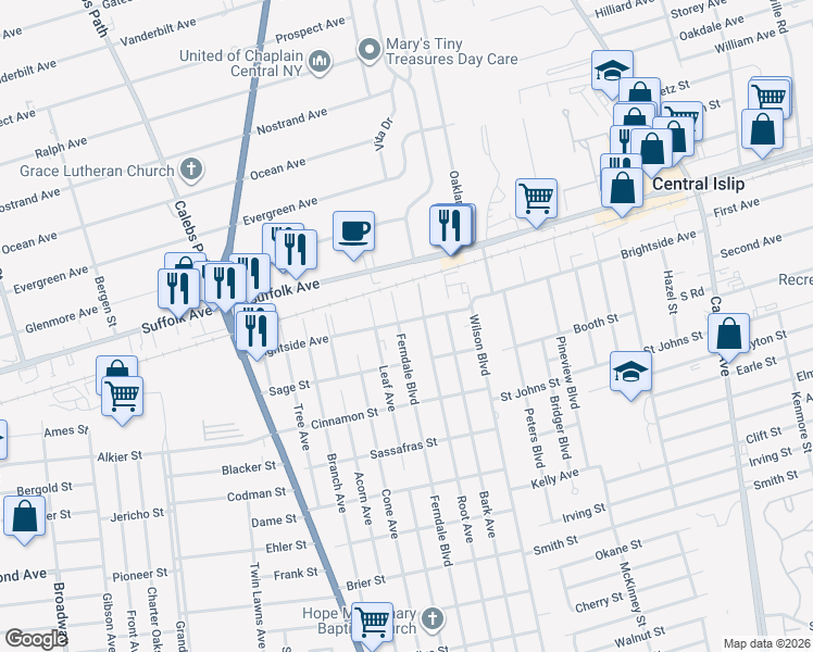 map of restaurants, bars, coffee shops, grocery stores, and more near 1549 Ferndale Boulevard in Central Islip