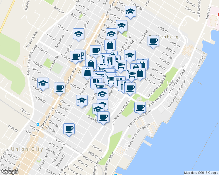 map of restaurants, bars, coffee shops, grocery stores, and more near 209 60th Street in West New York