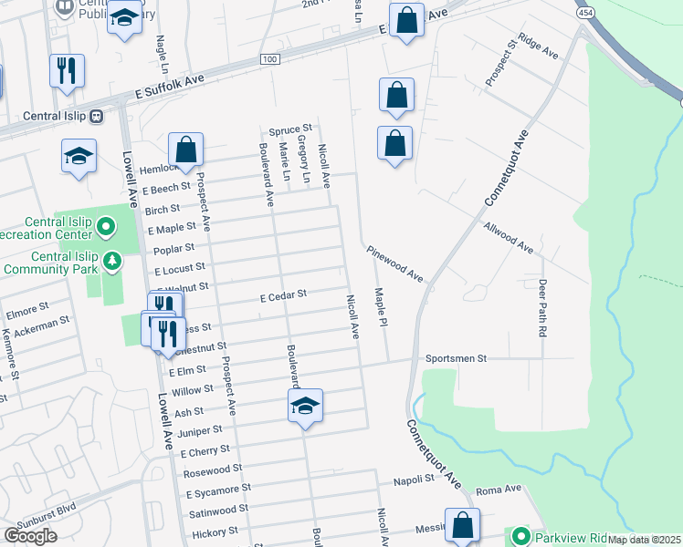 map of restaurants, bars, coffee shops, grocery stores, and more near 60 East Walnut Street in Central Islip
