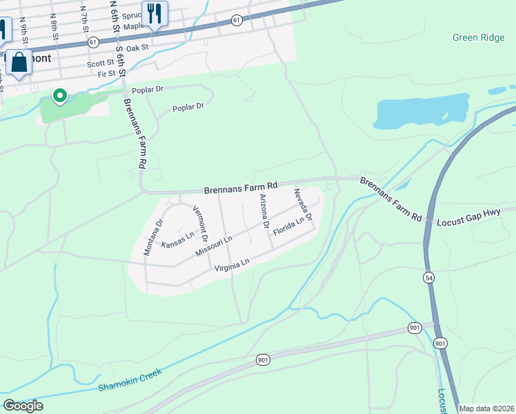 map of restaurants, bars, coffee shops, grocery stores, and more near 2-18 Arizona Drive in Kulpmont