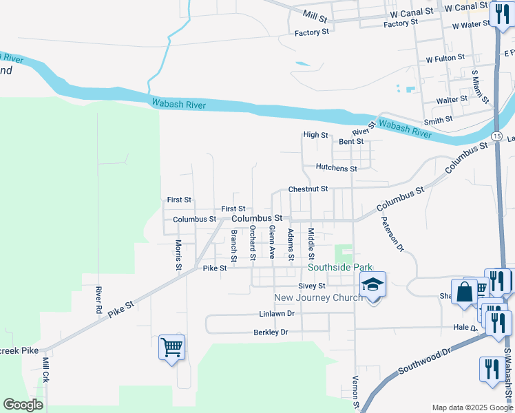 map of restaurants, bars, coffee shops, grocery stores, and more near 1346 Orchard Street in Wabash