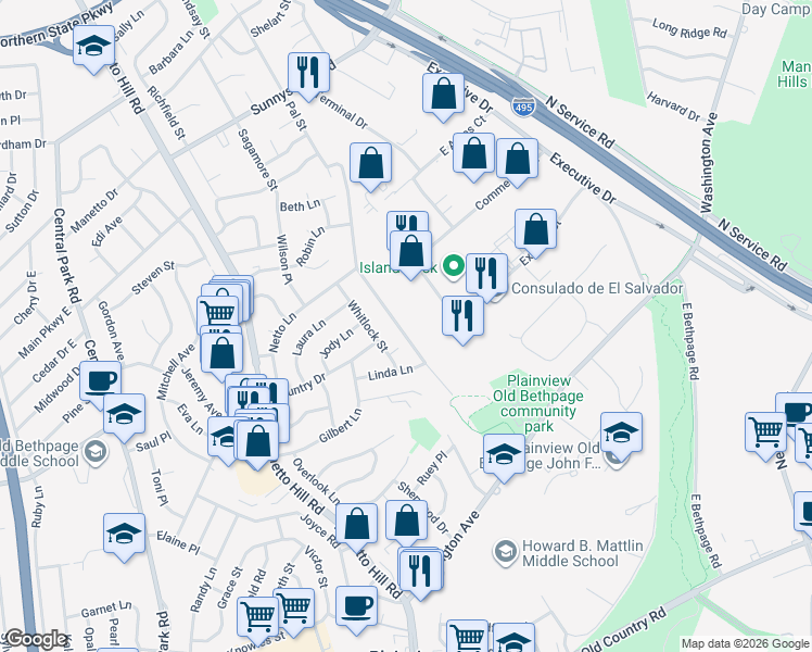map of restaurants, bars, coffee shops, grocery stores, and more near 67 Beaumont Dr in Plainview