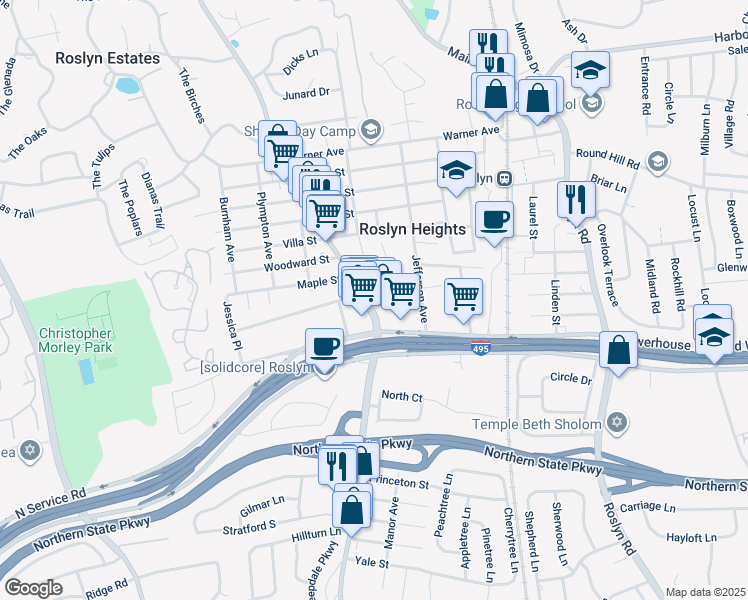 map of restaurants, bars, coffee shops, grocery stores, and more near 22 High Street in Roslyn Heights