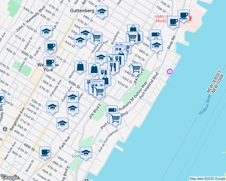 map of restaurants, bars, coffee shops, grocery stores, and more near 6046 Monitor Place in West New York