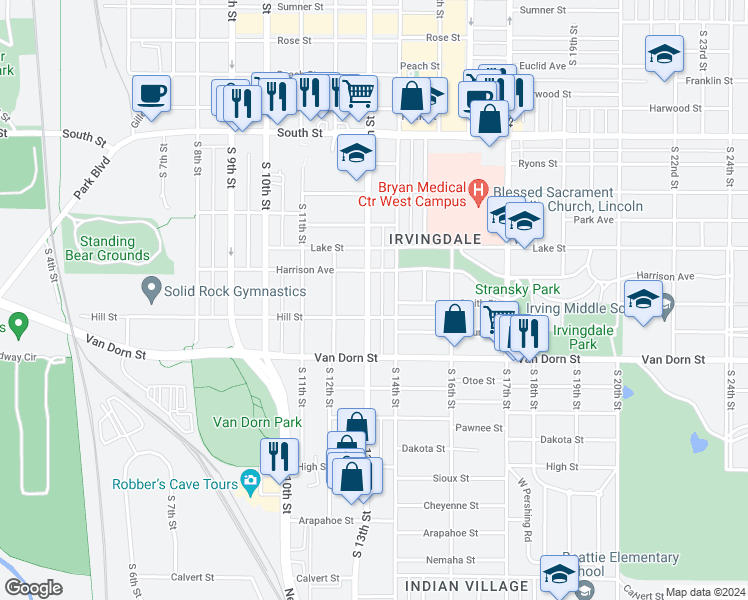 map of restaurants, bars, coffee shops, grocery stores, and more near 2640 South 13th Street in Lincoln