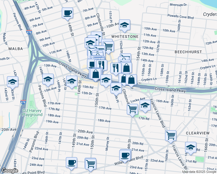map of restaurants, bars, coffee shops, grocery stores, and more near 15049 15th Drive in Queens
