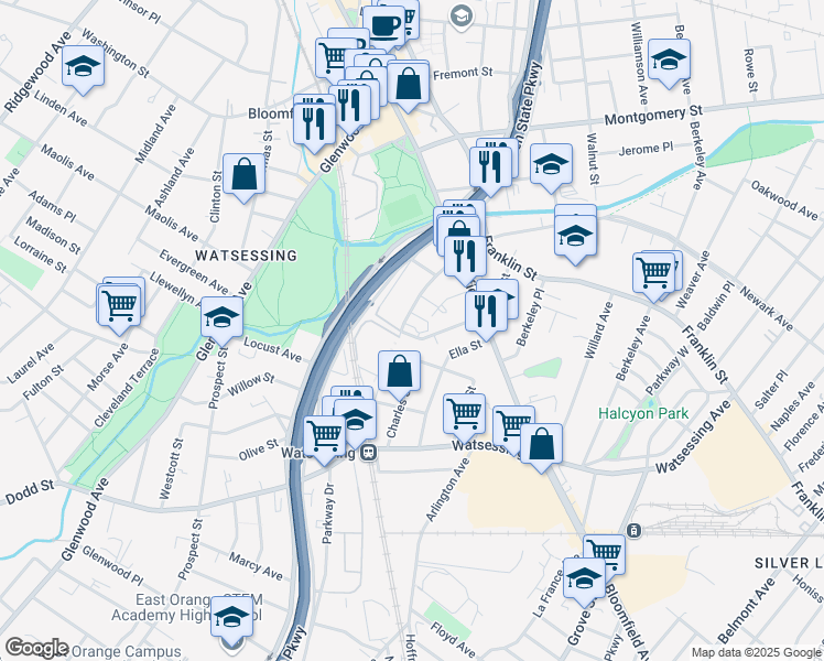map of restaurants, bars, coffee shops, grocery stores, and more near 104 Orange Street in Bloomfield