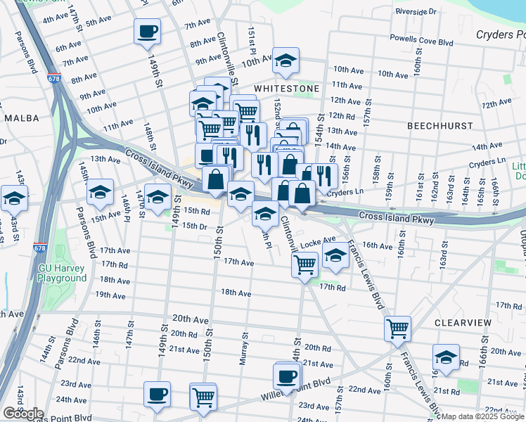 map of restaurants, bars, coffee shops, grocery stores, and more near 150-80 Cross Island Parkway in Queens