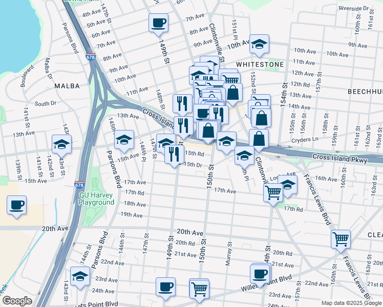map of restaurants, bars, coffee shops, grocery stores, and more near 149-33 15th Road in Queens