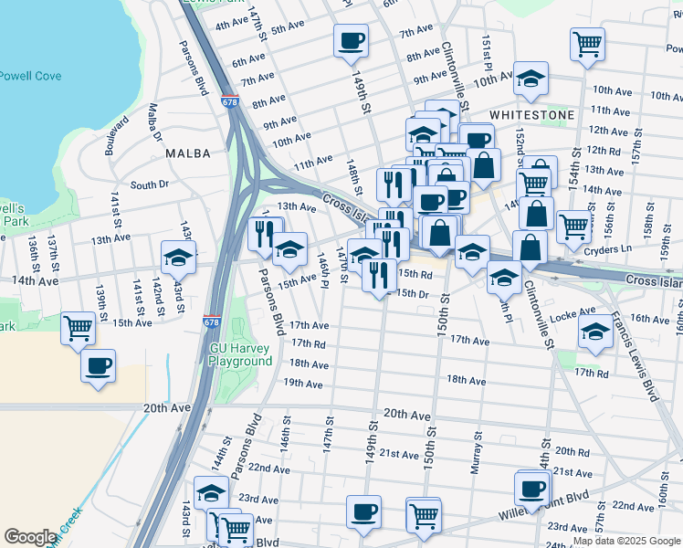 map of restaurants, bars, coffee shops, grocery stores, and more near 146-42 15th Avenue in Queens