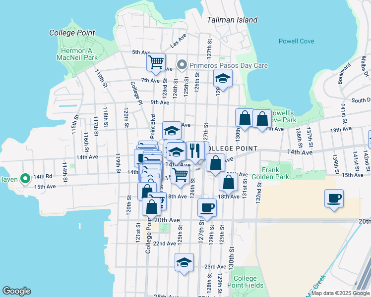map of restaurants, bars, coffee shops, grocery stores, and more near 13-07 124th Street in Queens