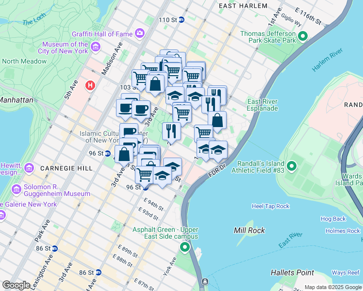 map of restaurants, bars, coffee shops, grocery stores, and more near 313 East 100th Street in New York