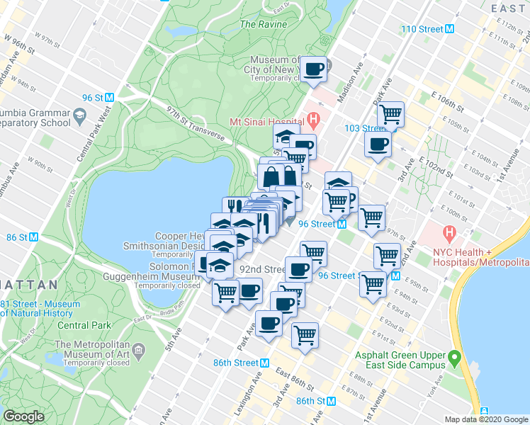 map of restaurants, bars, coffee shops, grocery stores, and more near 5 East 94th Street in New York