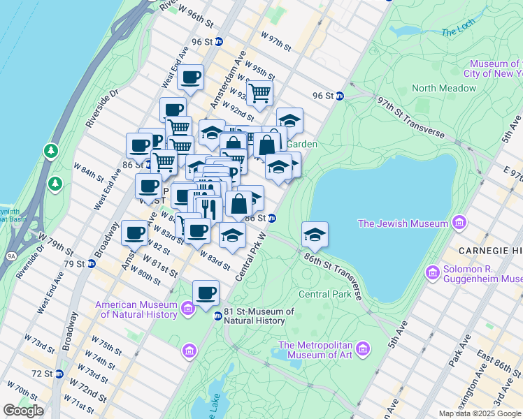 map of restaurants, bars, coffee shops, grocery stores, and more near 7 West 87th Street in New York