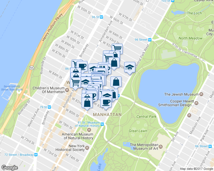 map of restaurants, bars, coffee shops, grocery stores, and more near 50 West 87th Street in New York