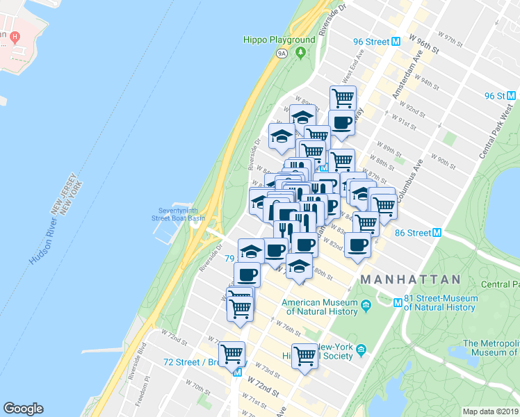 map of restaurants, bars, coffee shops, grocery stores, and more near 301 West 82nd Street in New York