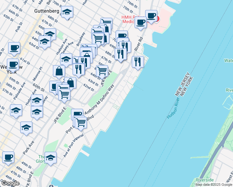map of restaurants, bars, coffee shops, grocery stores, and more near in West New York