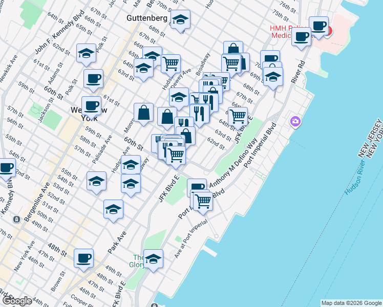 map of restaurants, bars, coffee shops, grocery stores, and more near 6100 Monitor Place in West New York
