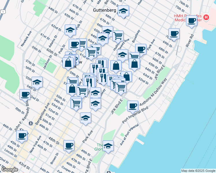 map of restaurants, bars, coffee shops, grocery stores, and more near 207 60th Street in West New York