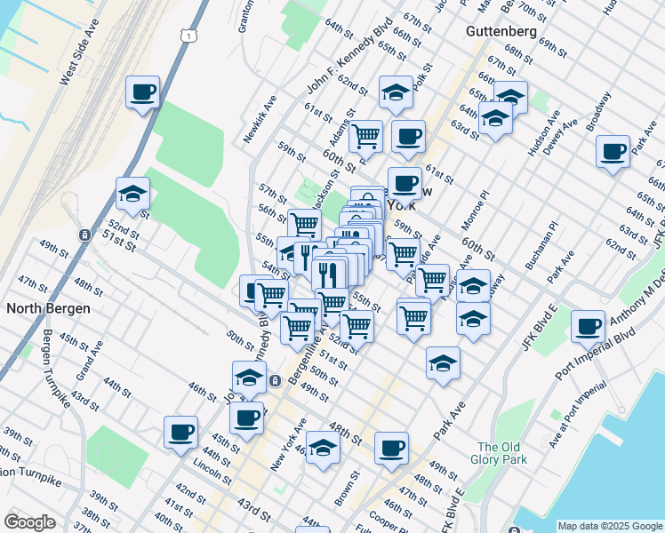 map of restaurants, bars, coffee shops, grocery stores, and more near 515 56th Street in West New York