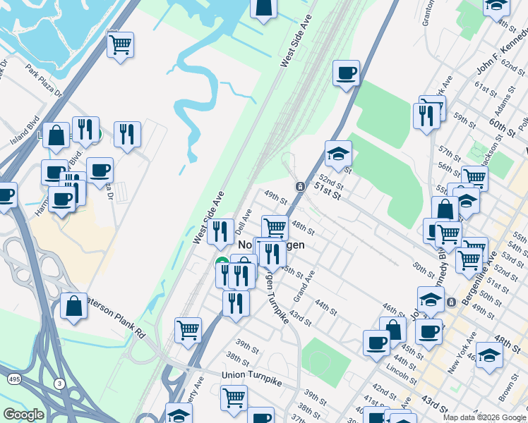 map of restaurants, bars, coffee shops, grocery stores, and more near 2115 48th Street in North Bergen