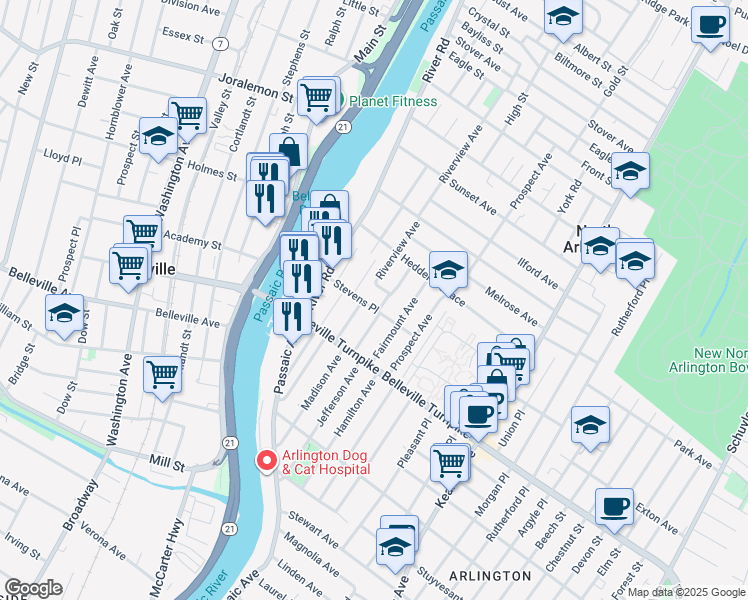 map of restaurants, bars, coffee shops, grocery stores, and more near 114 Stevens Place in North Arlington