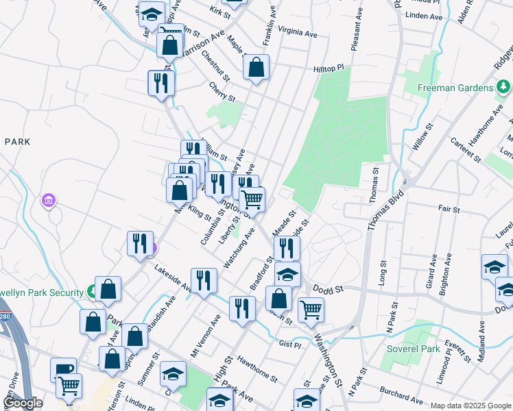 map of restaurants, bars, coffee shops, grocery stores, and more near 182 High Street in West Orange