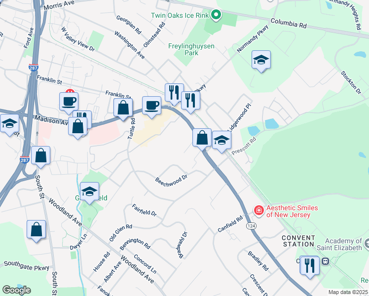 map of restaurants, bars, coffee shops, grocery stores, and more near 221 Pitney Place in Morristown