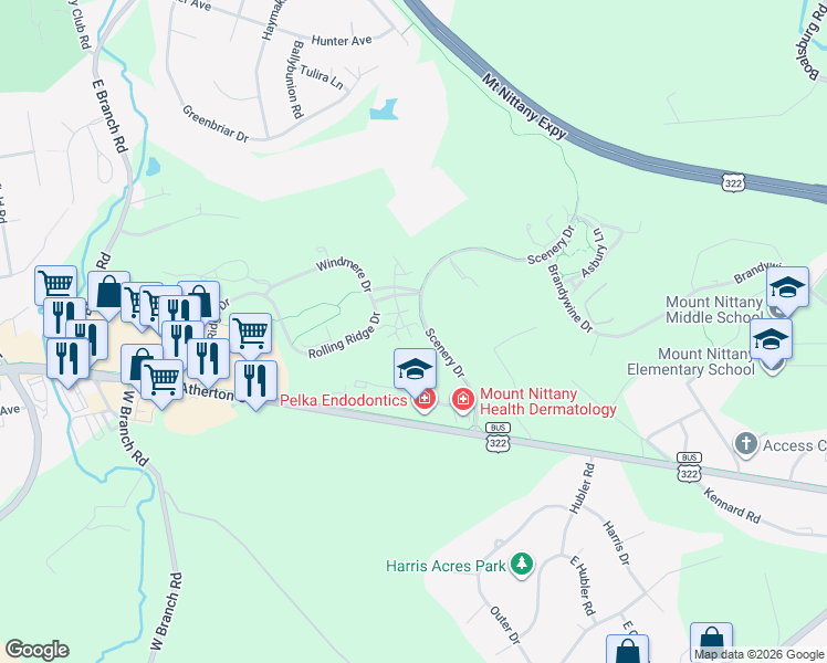 map of restaurants, bars, coffee shops, grocery stores, and more near 119 Wellington Drive in State College