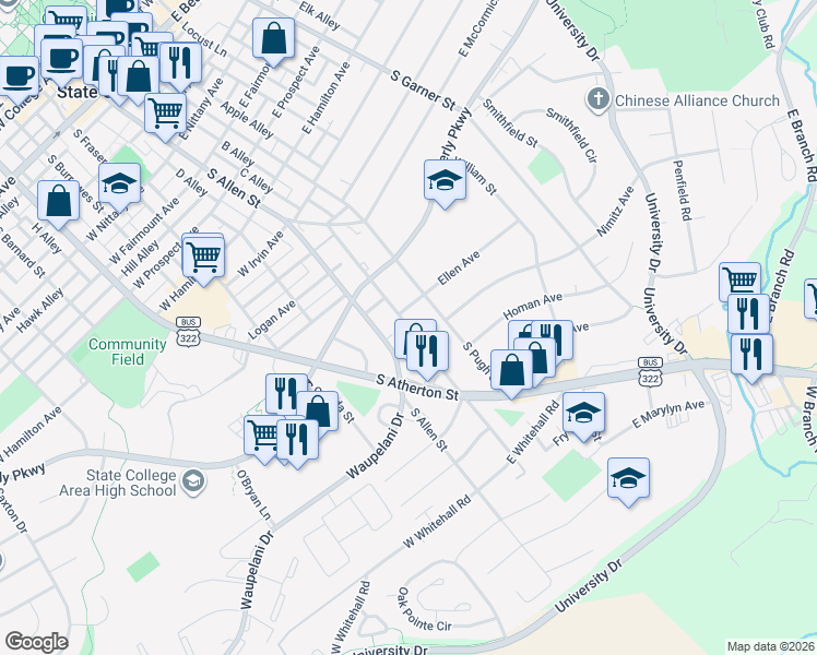 map of restaurants, bars, coffee shops, grocery stores, and more near 1231 Old Boalsburg Road in State College