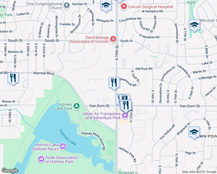 map of restaurants, bars, coffee shops, grocery stores, and more near 2621 South 70th Street in Lincoln