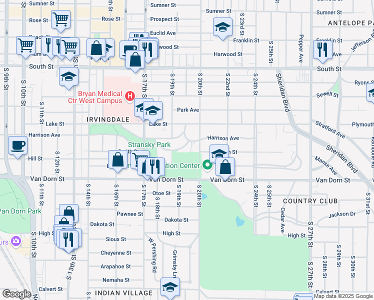 map of restaurants, bars, coffee shops, grocery stores, and more near 2623 Worthington Avenue in Lincoln