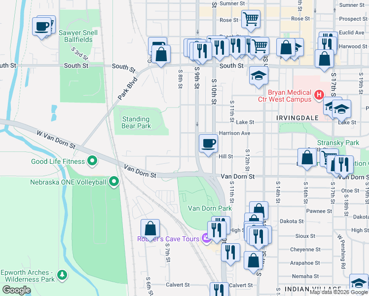 map of restaurants, bars, coffee shops, grocery stores, and more near 2638 S 8th St in Lincoln